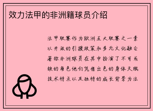效力法甲的非洲籍球员介绍